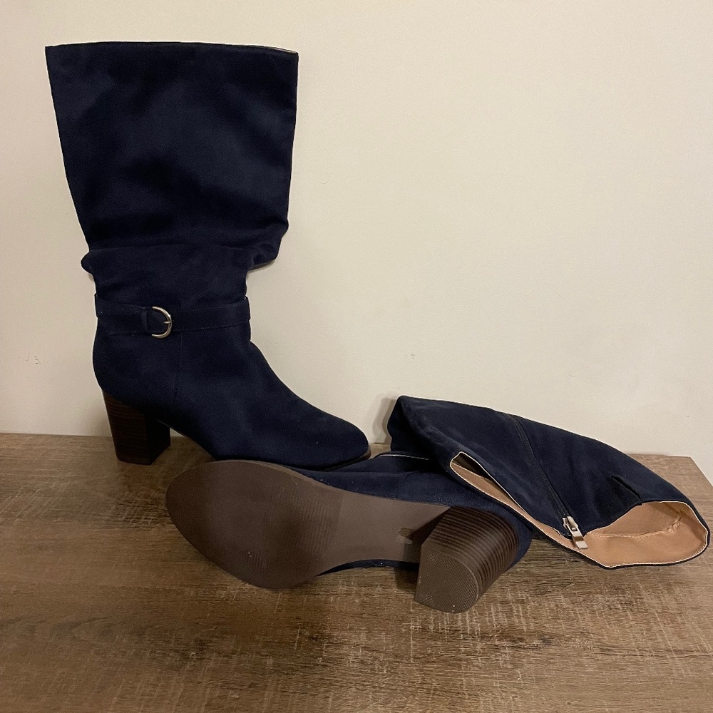 Navy blue knee high wide calf boots